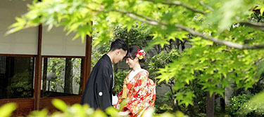 枯山水の飛び石を手を繋いで歩く新郎新婦